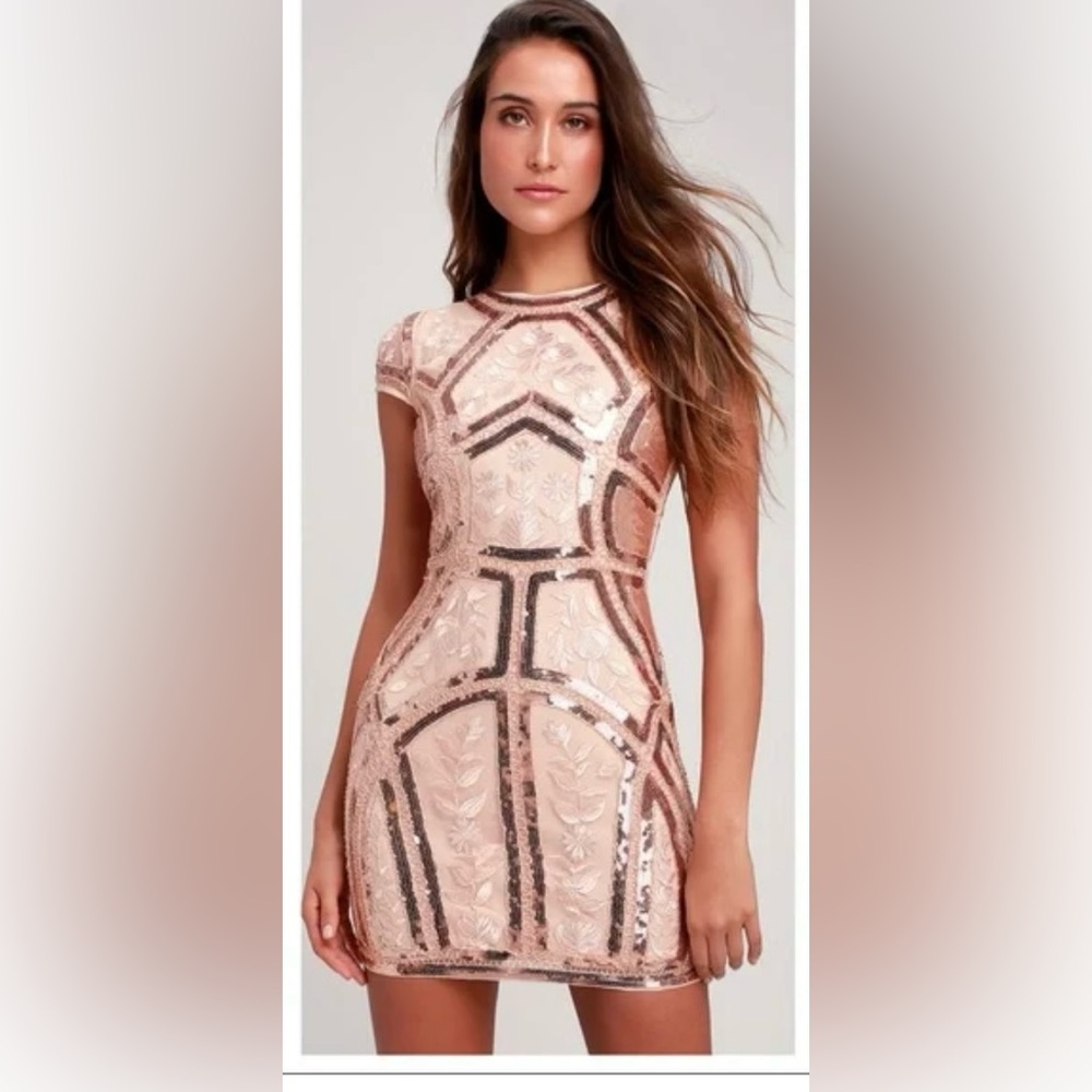 NWOT Lulus Spread Your Shine Rose Gold Sequin Embroidered Bodycon Dress